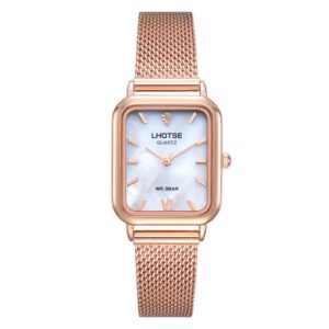 LHOTSE OEM SQUARE QUARTZ WATCH FASHION METAL STAINLESS STEEL ZINE ALLOY WOMEN LADY SHELL DIAL WATCH