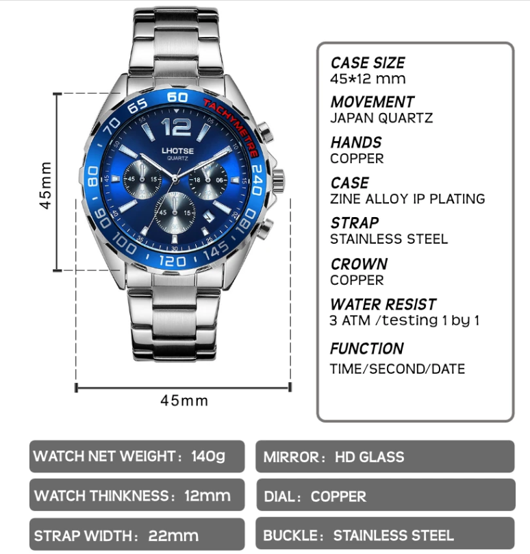 LHOTSE OEM QUARTZ WATCH FASHION METAL STAINLESS STEEL ZINE ALLOY MAN BUSINESS WATCH - Image 4